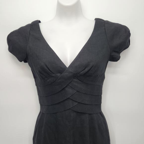 Rebecca Taylor Cross Front V Neck Pencil Formal Black Wool Linen Dress Women's 2 - Picture 6 of 12